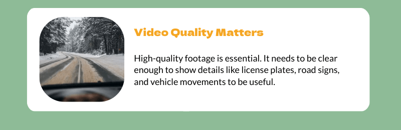 Dash cam video quality for insurance disputes — high resolution footage capturing plates, traffic signals and lane markings for commercial fleet claims