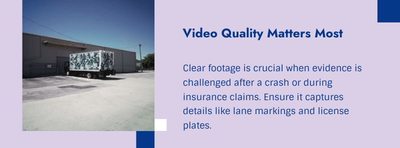 Semi-truck dash cam video quality — high-definition road-facing footage capturing lane markings, vehicle positions and traffic signals for claims evidence